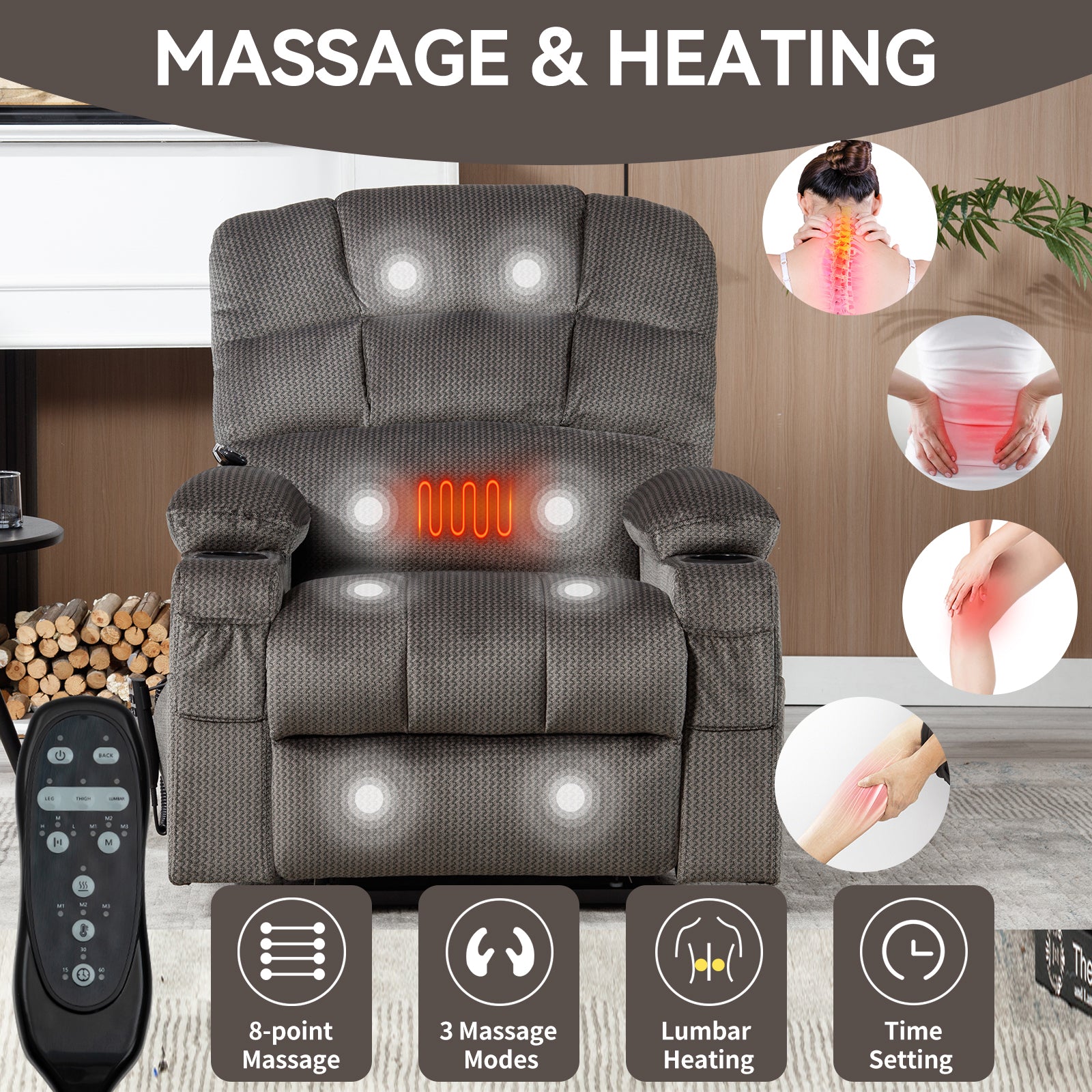 Grey Dual Motor Infinite Position Up to 350 LBS Chenille Power Lift Recliner Chair, Heavy Duty Motion Mechanism with 8-Point Vibration Massage and Lumbar Heating, Dual Cup Holders