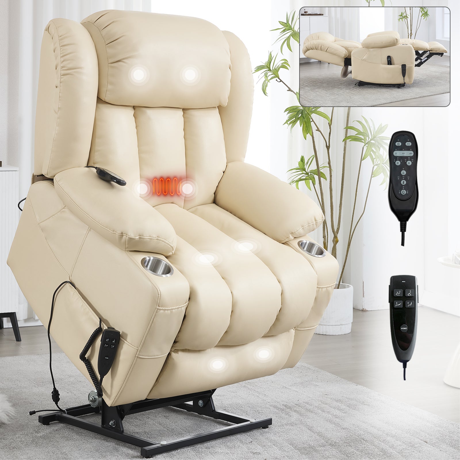 Dual Motor Infinite Position Up to 350 LBS Leatheraire Power Lift Recliner Chair, Heavy Duty Motion Mechanism with 8-Point Vibration Massage and Lumbar Heating, Stainless steel Cup Holders, Beige