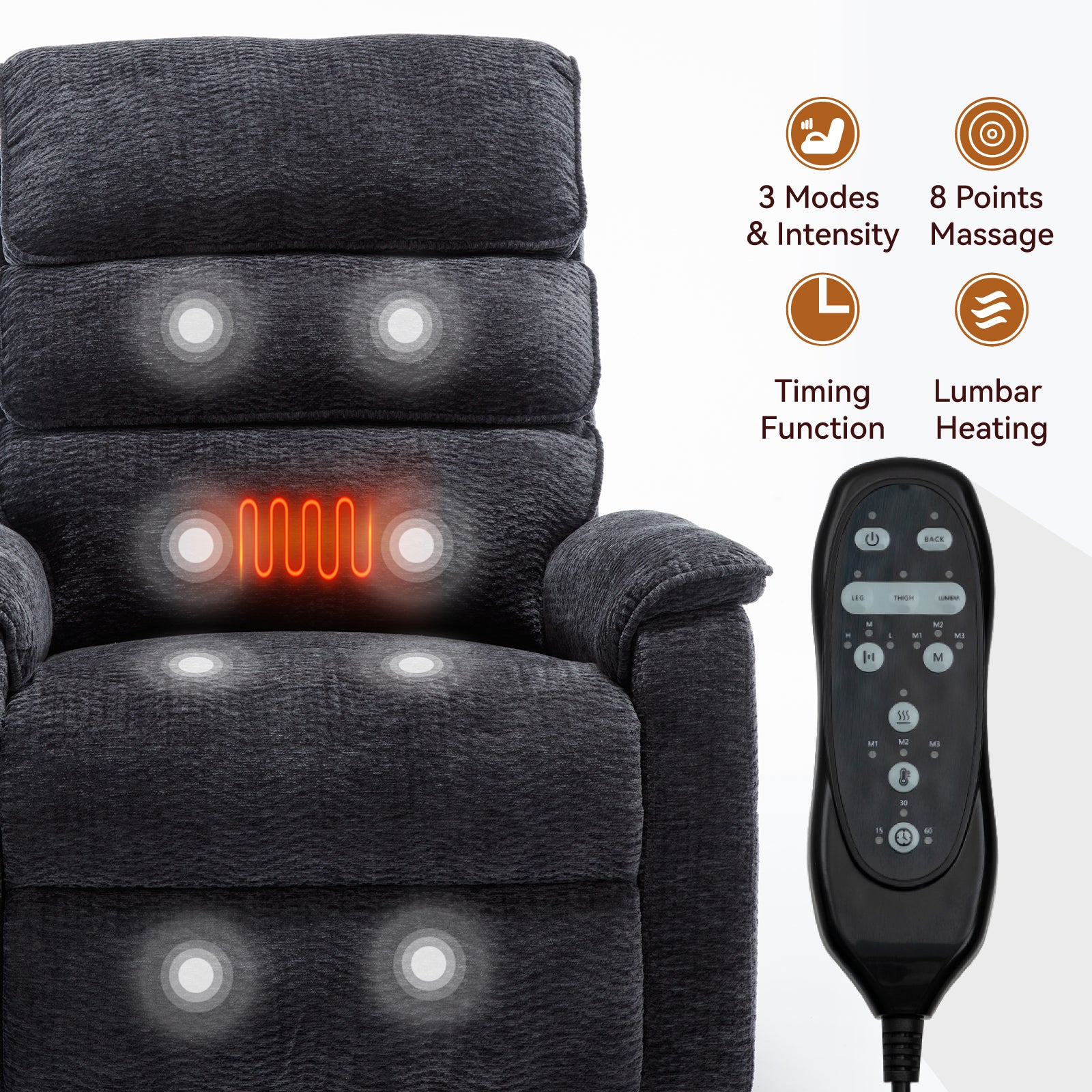 Grey Chenille Dual Motor Infinite Position Power Lift  Chair Heat + Massage