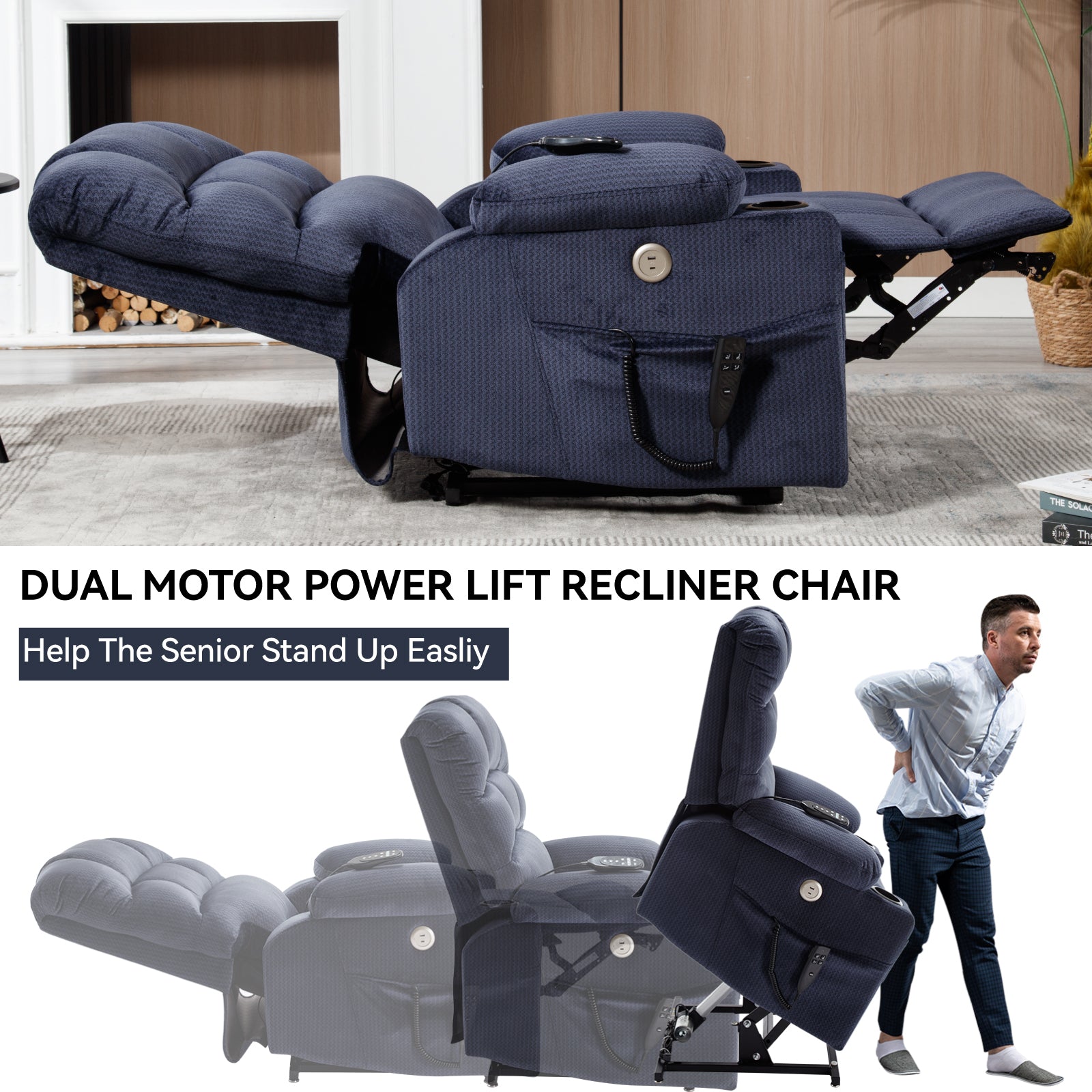 Blue Dual Motor Infinite Position Up to 350 LBS Chenille Power Lift Recliner Chair, Heavy Duty Motion Mechanism with 8-Point Vibration Massage and Lumbar Heating, Dual Cup Holders