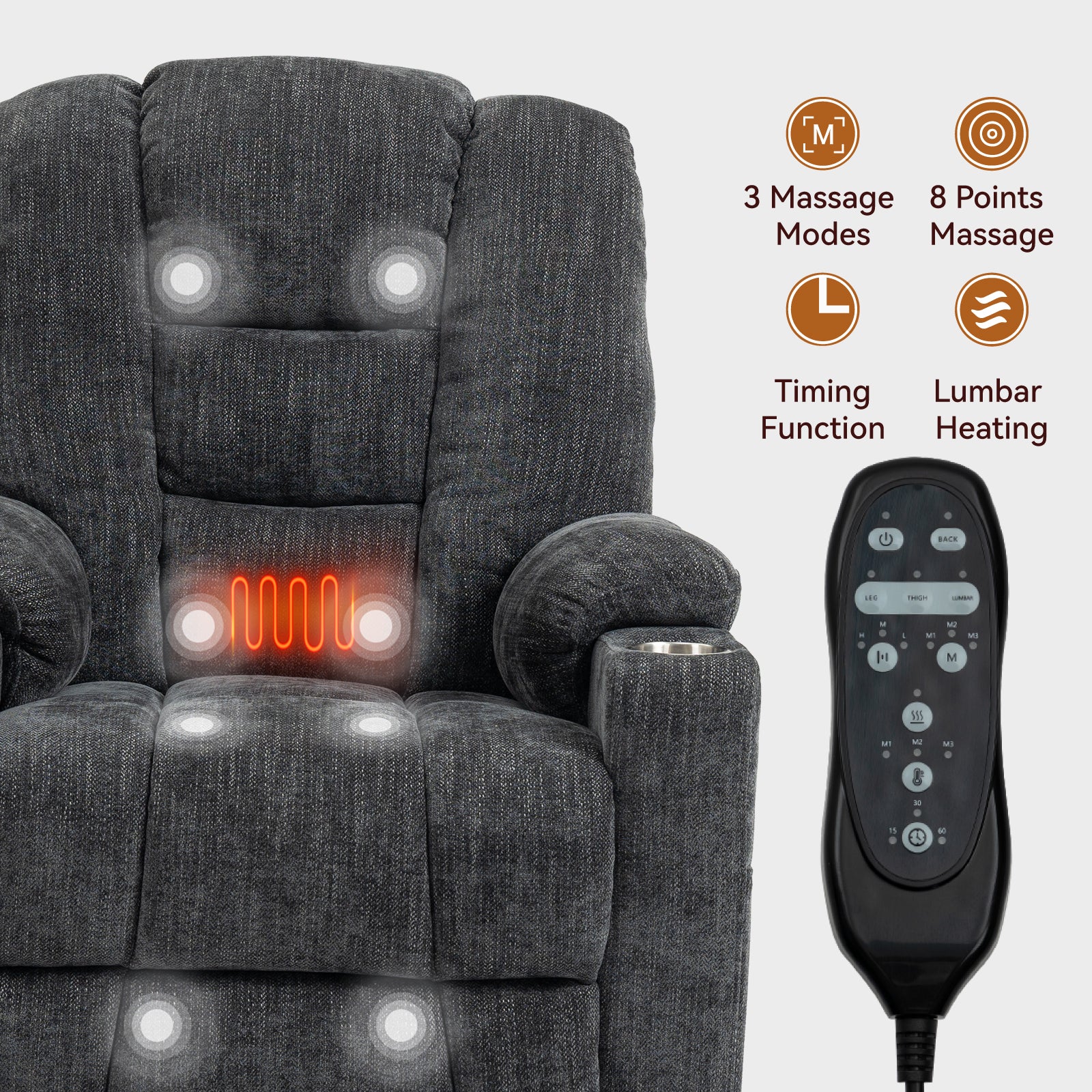 EMON'S Large Power Lift Recliner Chair with Massage and Heat for Elderly, Overstuffed Wide Recliners, Heavy Duty Motion Mechanism with USB and Type C Ports, 2 Steel Cup Holders, Gray - Value Lift Chairs 