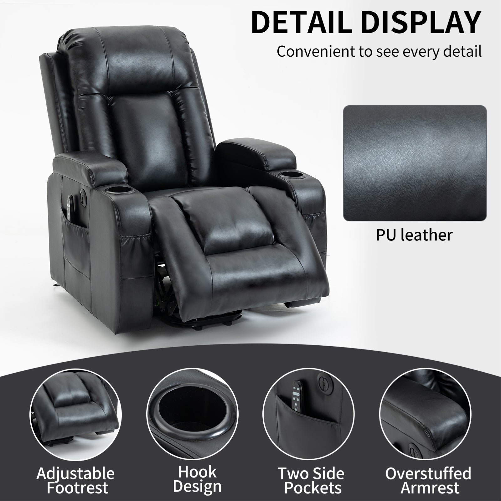 Infinite Position Up to 350 LBS Power Lift Recliner Chair for Elderly, Heavy Duty Motion Mechanism with 8-Point Vibration Massage and Lumbar Heating, USB Charging Port, Cup Holders, Black