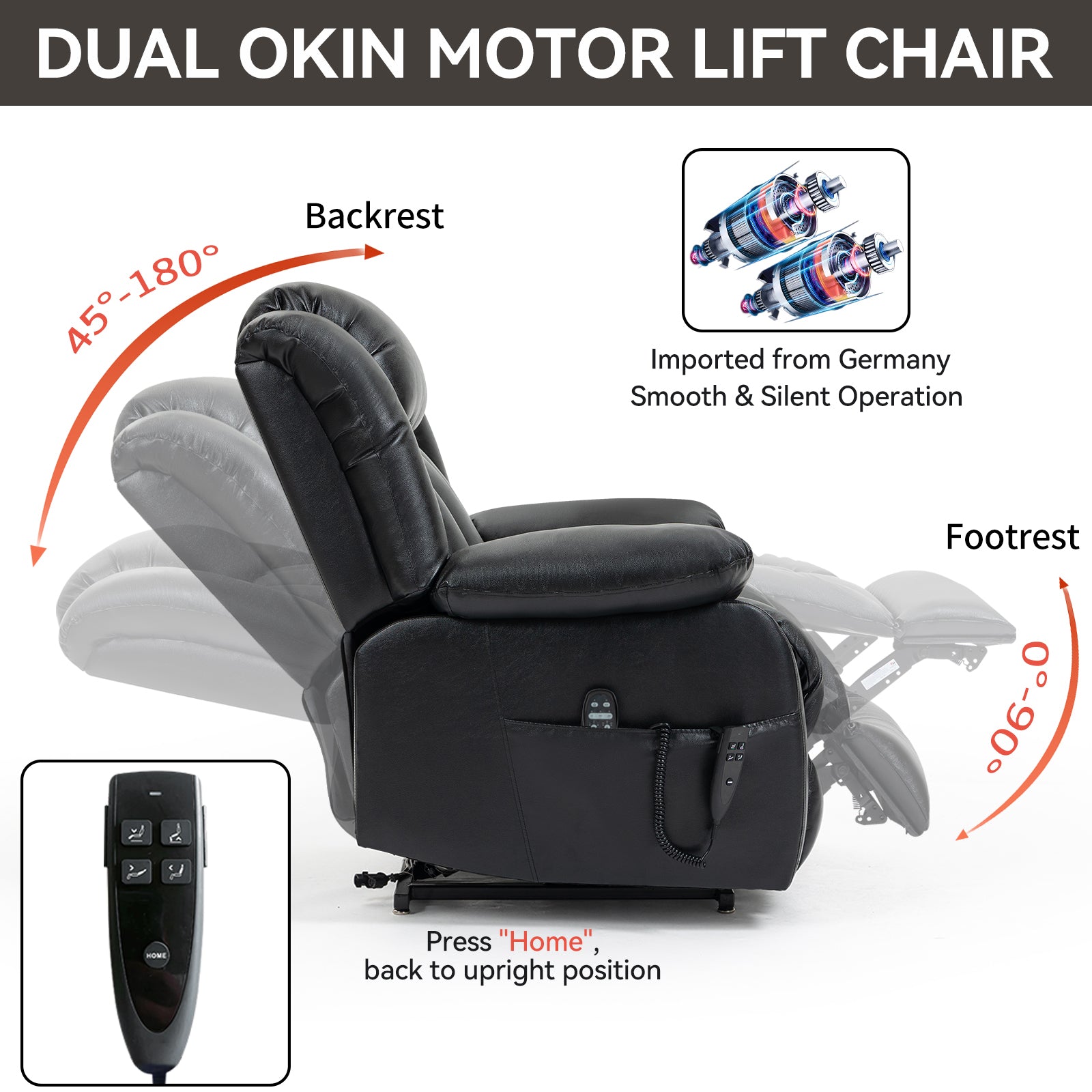 Dual Motor Infinite Position Up to 350 LBS Electric Medium size Genuine Leather Black Power Lift Recliner Chair with 8-Point Vibration Massage and Lumbar Heating - Value Lift Chairs 