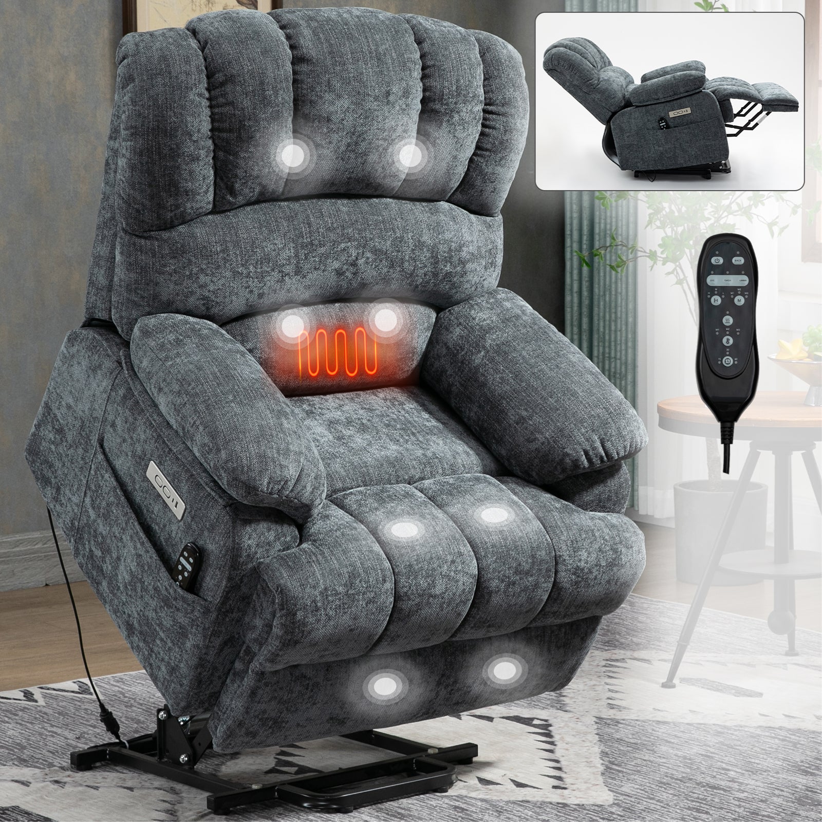 23" Seat Width and High Back Large Size Blue Chenille Power Lift Recliner Chair with 8-Point Vibration Massage and Lumbar Heating - Value Lift Chairs 