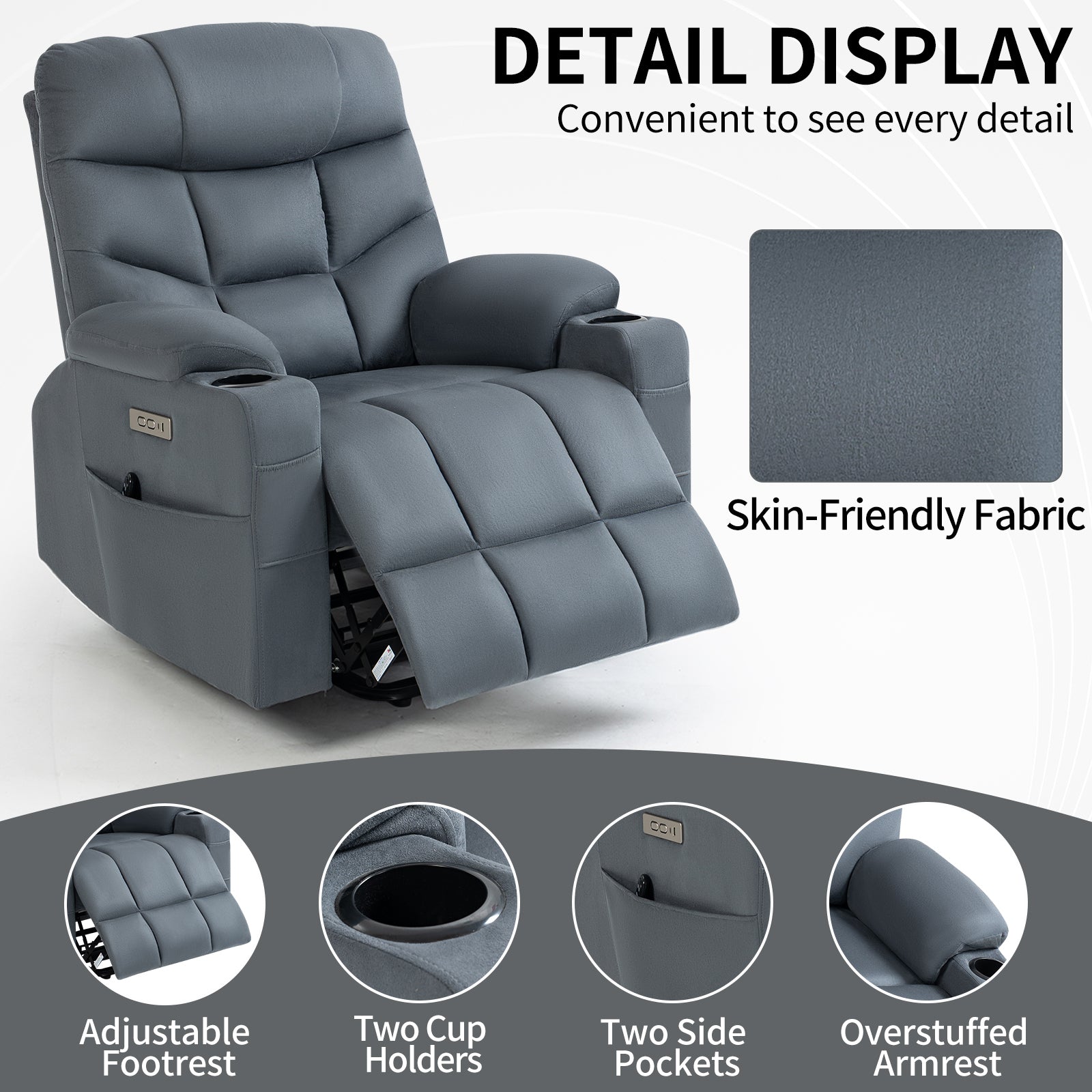 Up to 350 LBS Power Lift Recliner Chair, Heavy Duty Motion Mechanism with 8-Point Vibration Massage and Lumbar Heating, Cup Holders, USB and Type-C Ports, Removable Cushions, Blue - Value Lift Chairs 