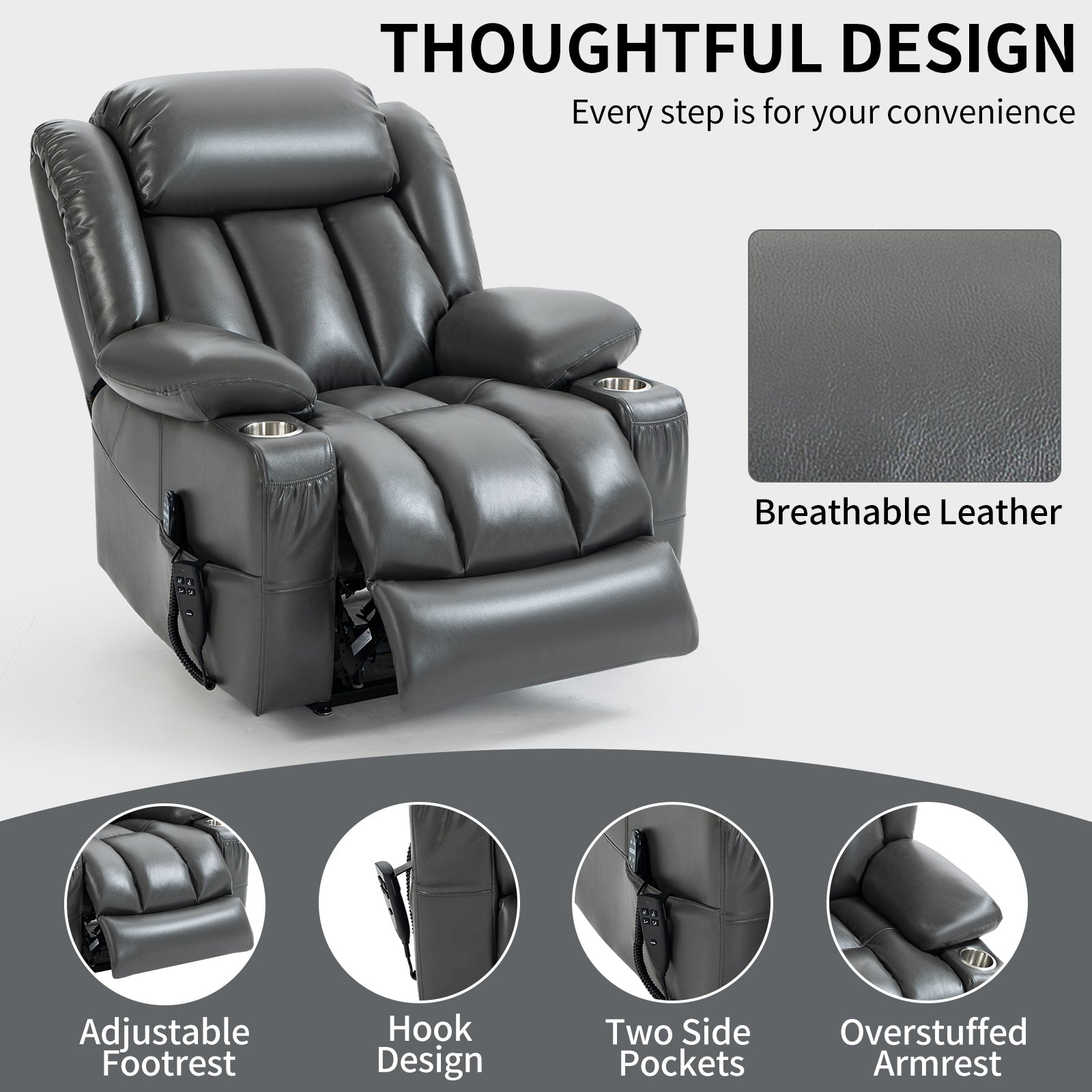 Dual Motor Infinite Position Up to 350 LBS Leatheraire Power Lift Recliner Chair, Heavy Duty Motion Mechanism with 8-Point Vibration Massage and Lumbar Heating, Stainless steel Cup Holders, Grey