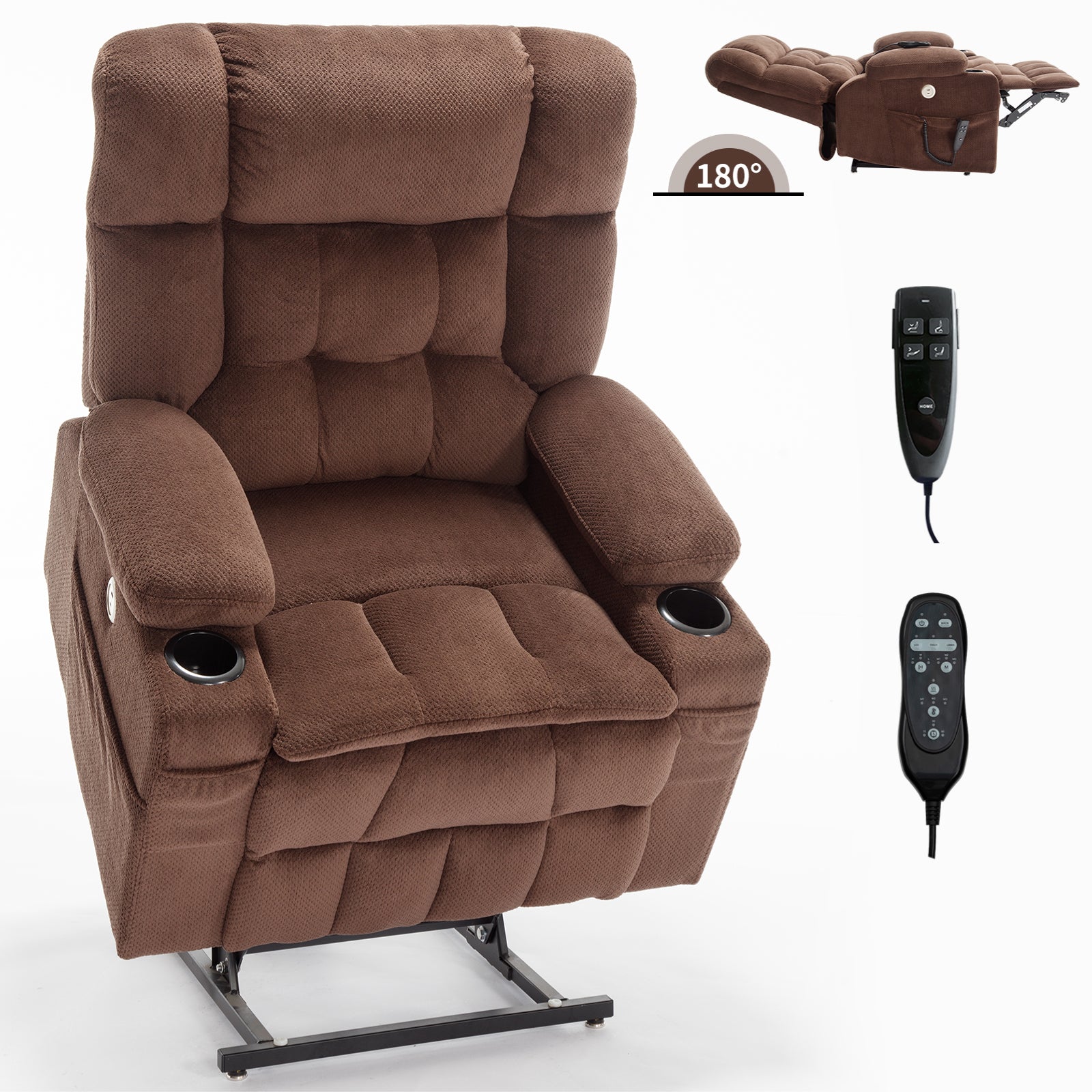 Brown Dual Motor Infinite Position Up to 350 LBS Chenille Power Lift Recliner Chair, Heavy Duty Motion Mechanism with 8-Point Vibration Massage and Lumbar Heating, Dual Cup Holders