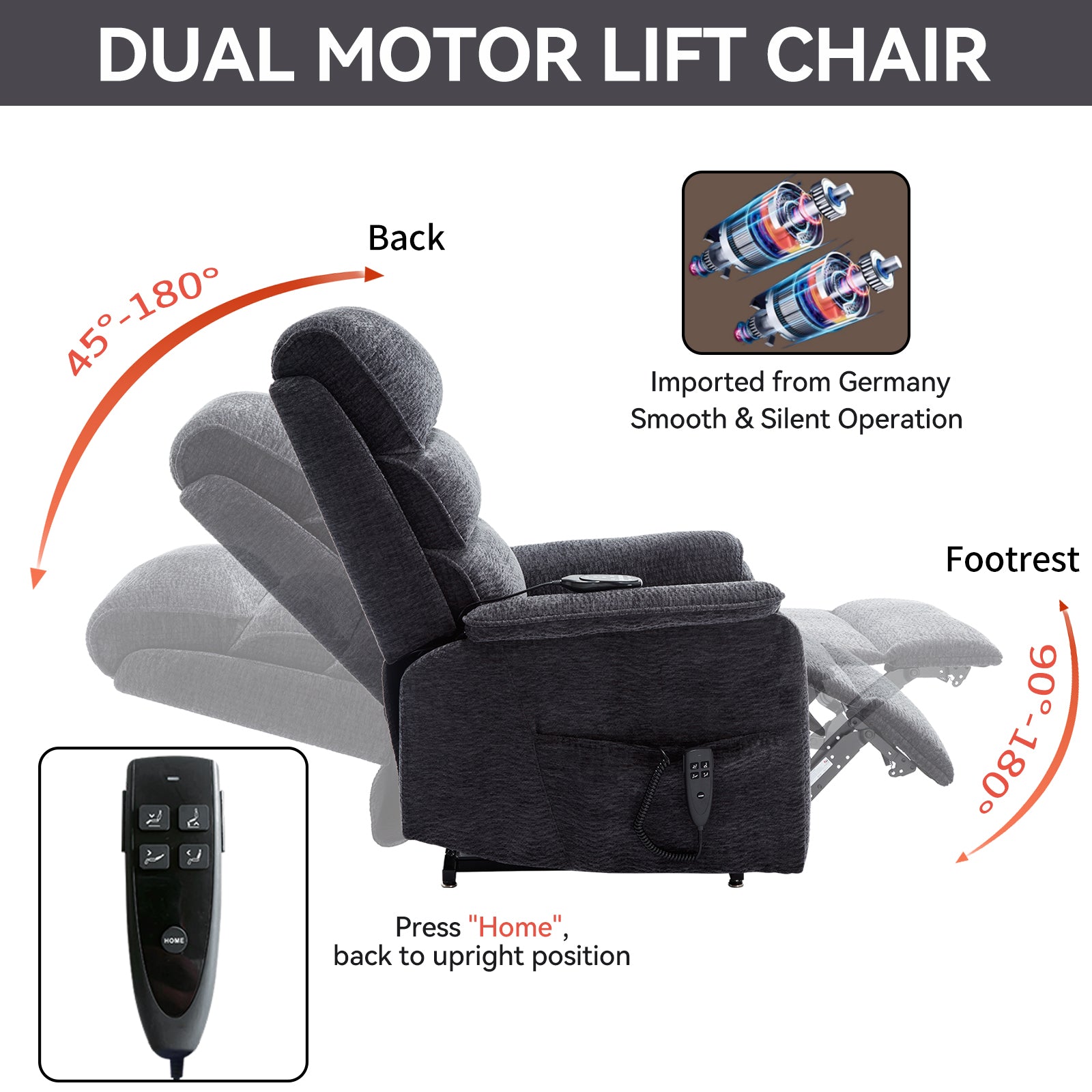 Grey Chenille Dual Motor Infinite Position Power Lift  Chair Heat + Massage