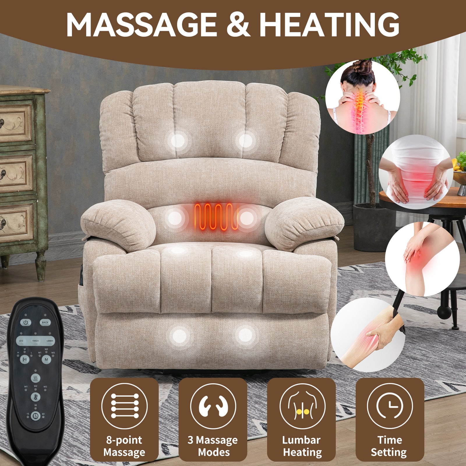 Oversized Chenille  Lift Recliner Chair with  Massage and Lumbar Heating