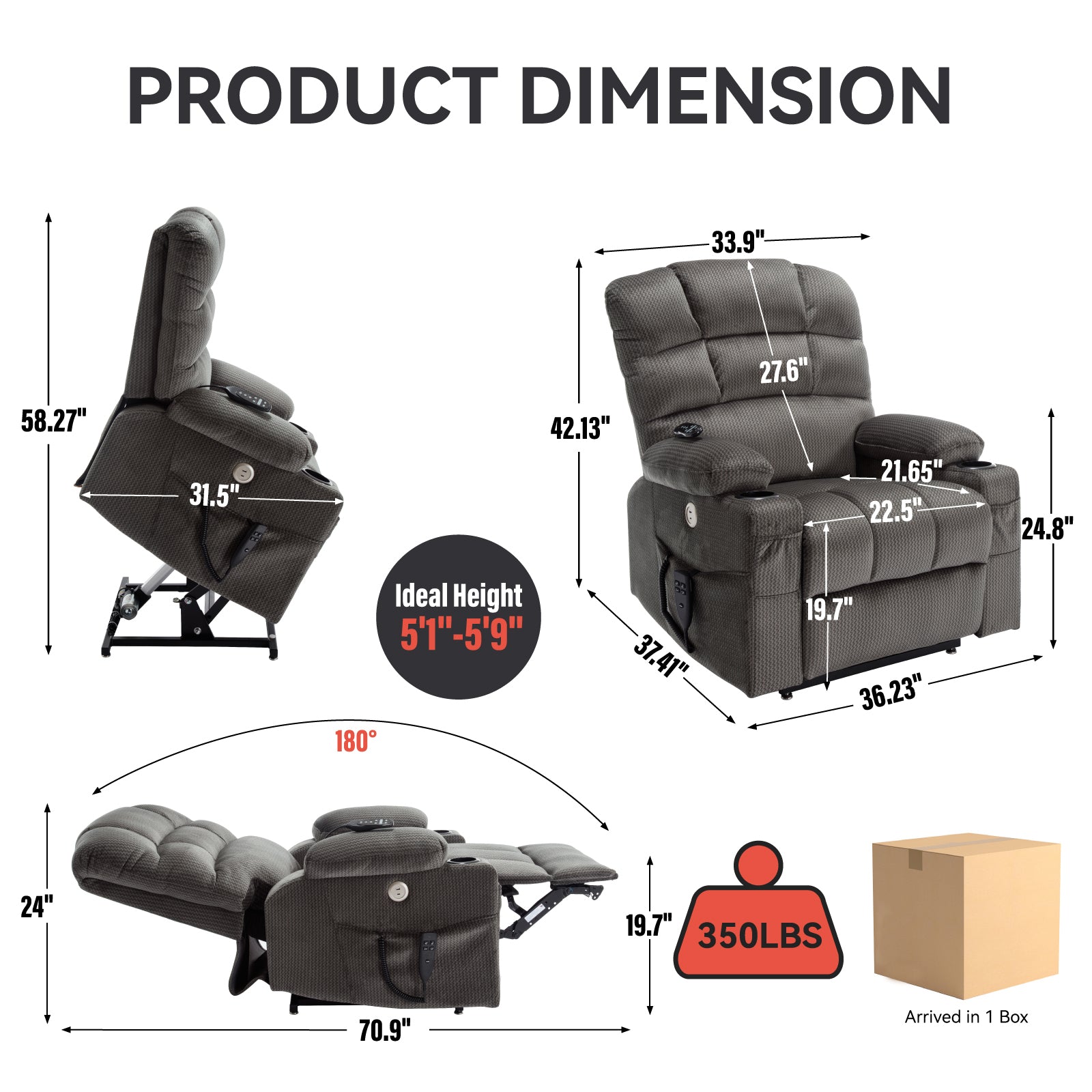 Grey Dual Motor Infinite Position Up to 350 LBS Chenille Power Lift Recliner Chair, Heavy Duty Motion Mechanism with 8-Point Vibration Massage and Lumbar Heating, Dual Cup Holders