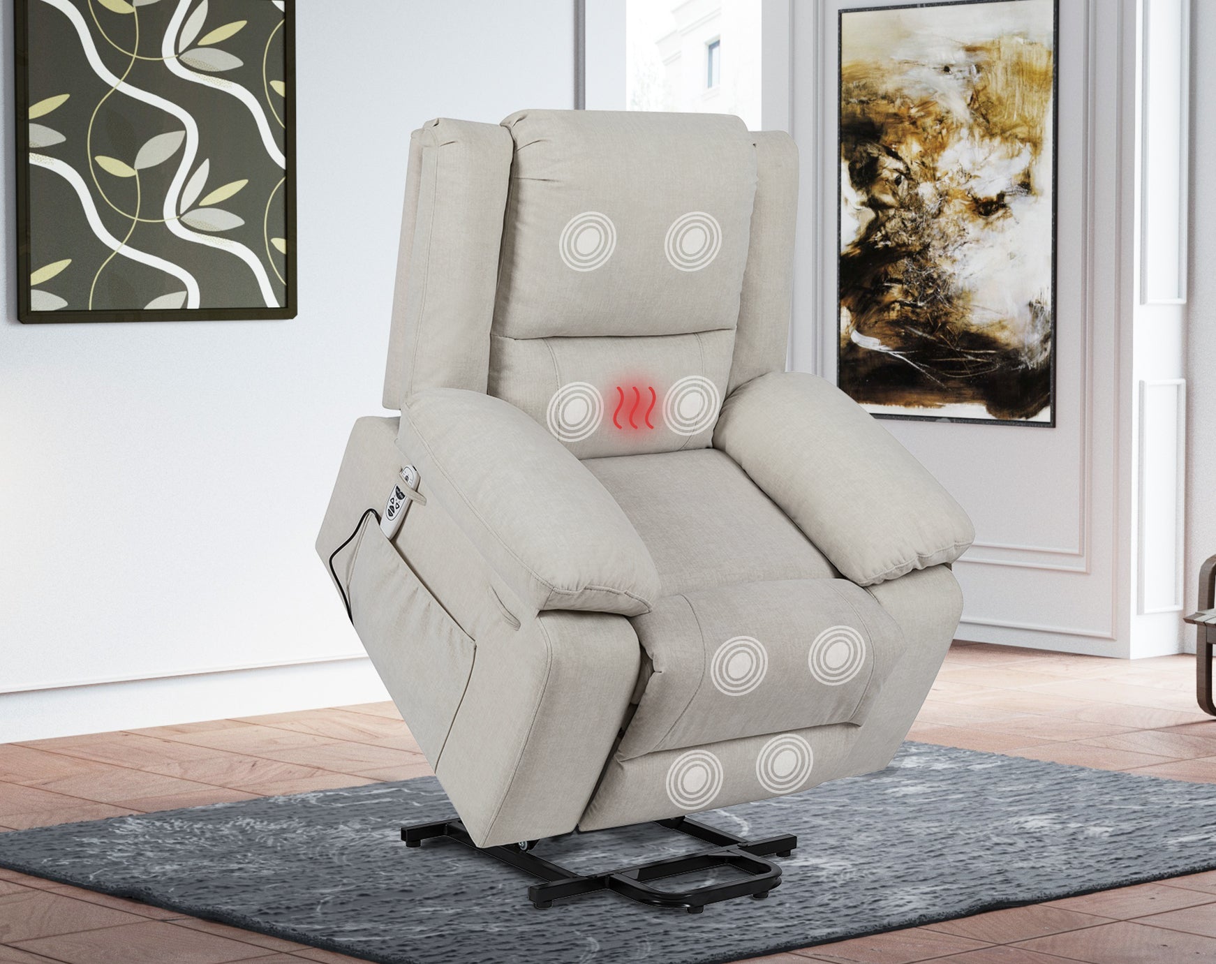 Electric Power Recliner Chair With Massage For Elderly ,Remote Control Multi-function Lifting, Timing, Cushion Heating Chair With Side Pocket Beige