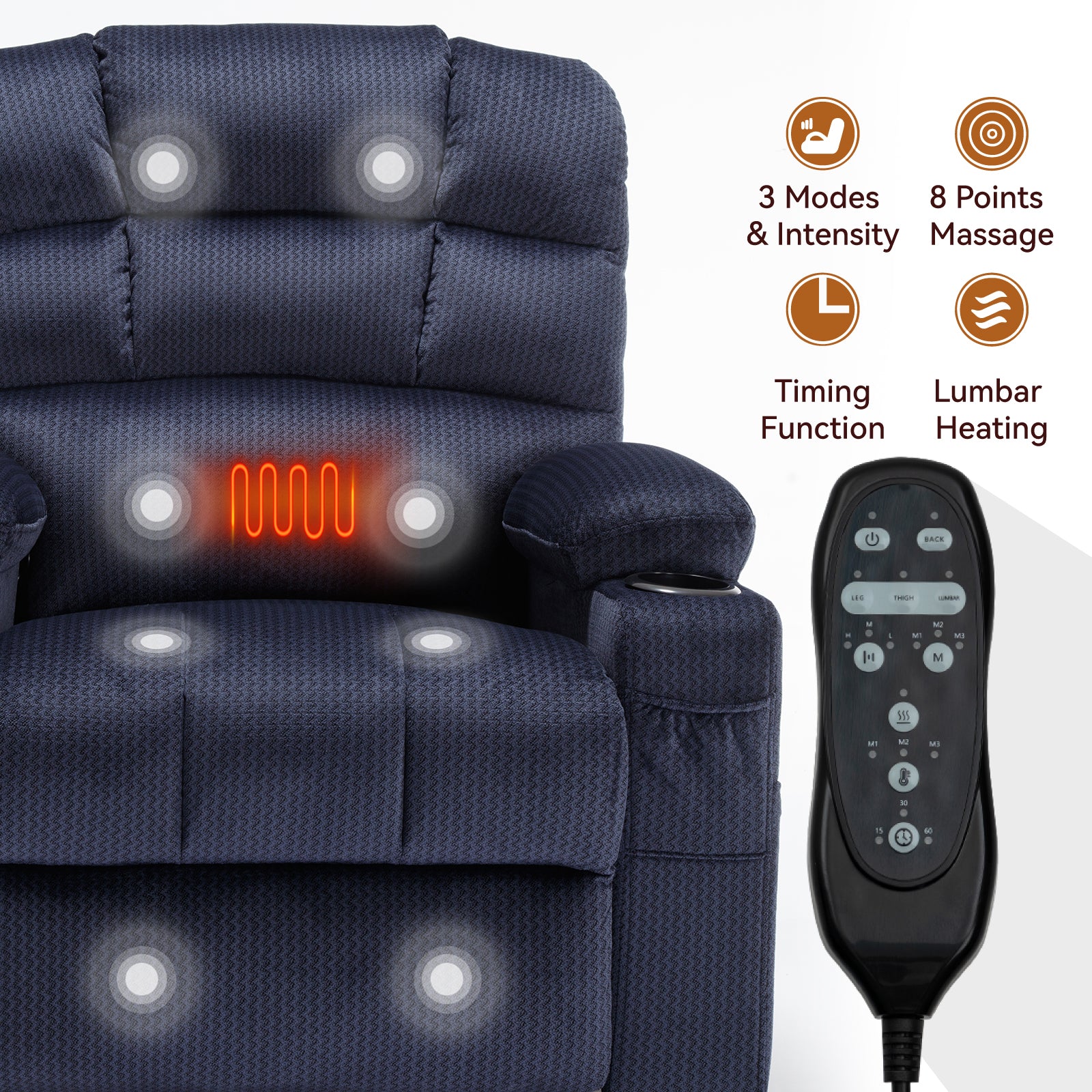 Blue Dual Motor Infinite Position Up to 350 LBS Chenille Power Lift Recliner Chair, Heavy Duty Motion Mechanism with 8-Point Vibration Massage and Lumbar Heating, Dual Cup Holders