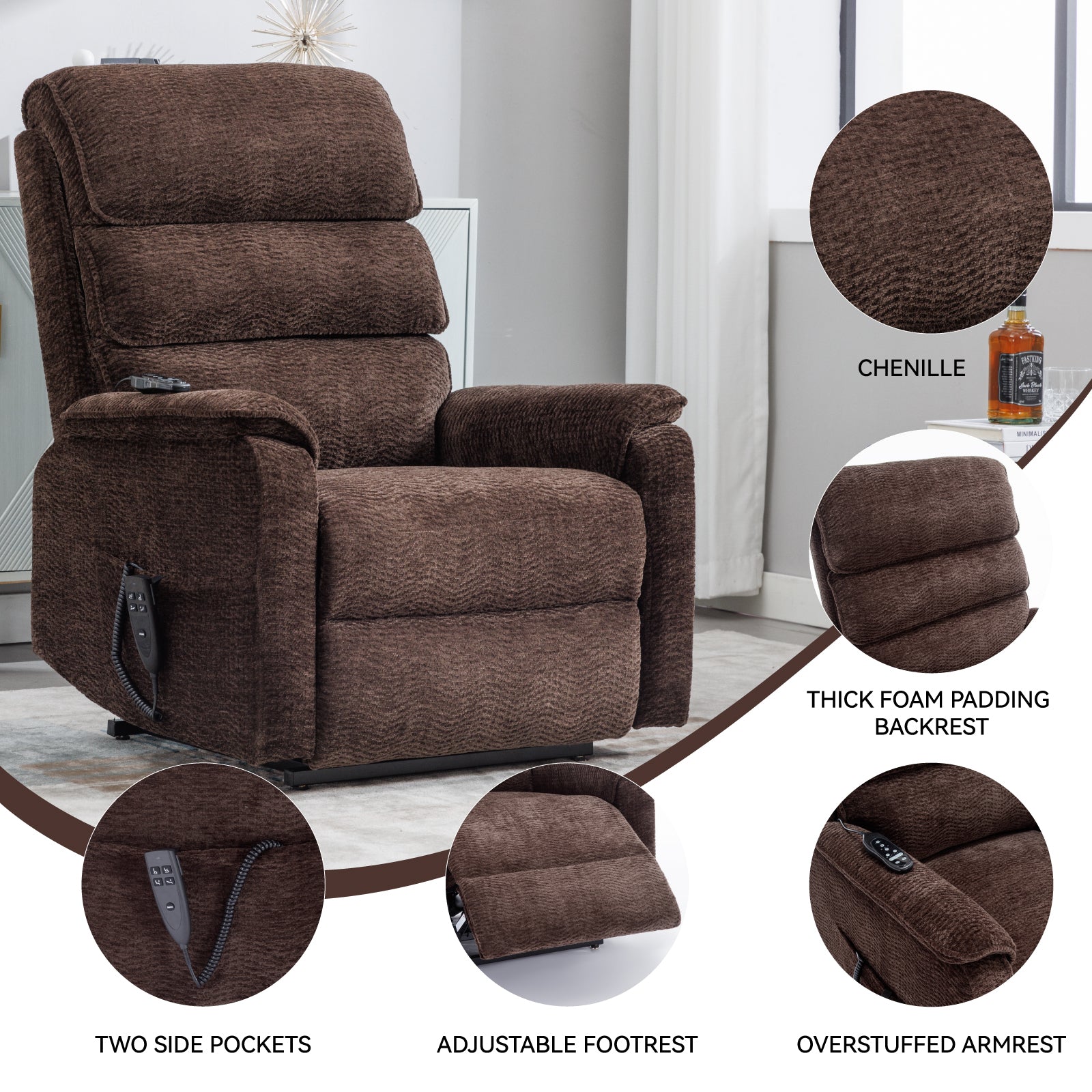 Brown Chenille Infinite Position Lift  Chair with Heat + Massage