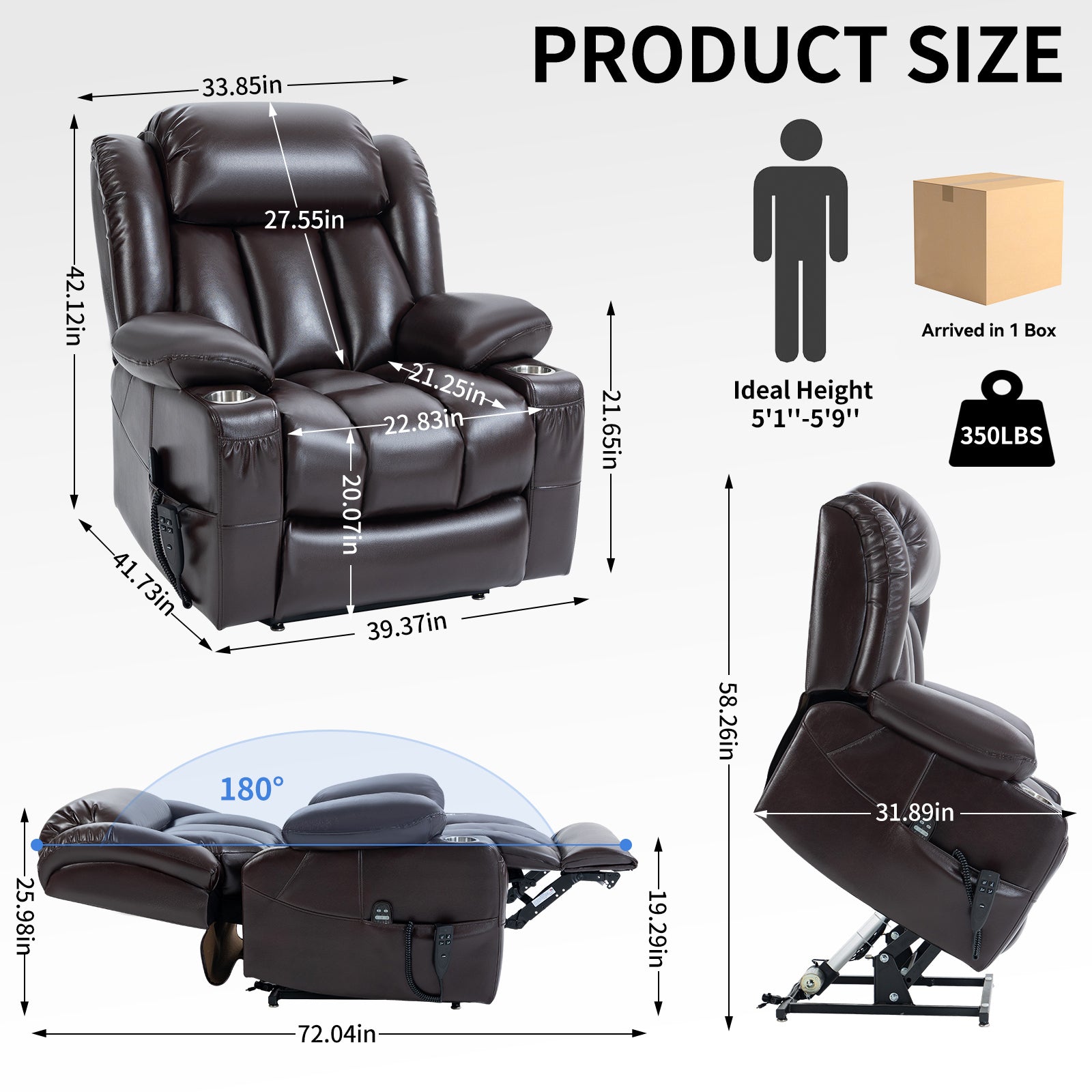 Dual Motor Infinite Position Up to 350 LBS Leatheraire Power Lift Recliner Chair, Heavy Duty Motion Mechanism with 8-Point Vibration Massage and Lumbar Heating, Stainless steel Cup Holders, Brown