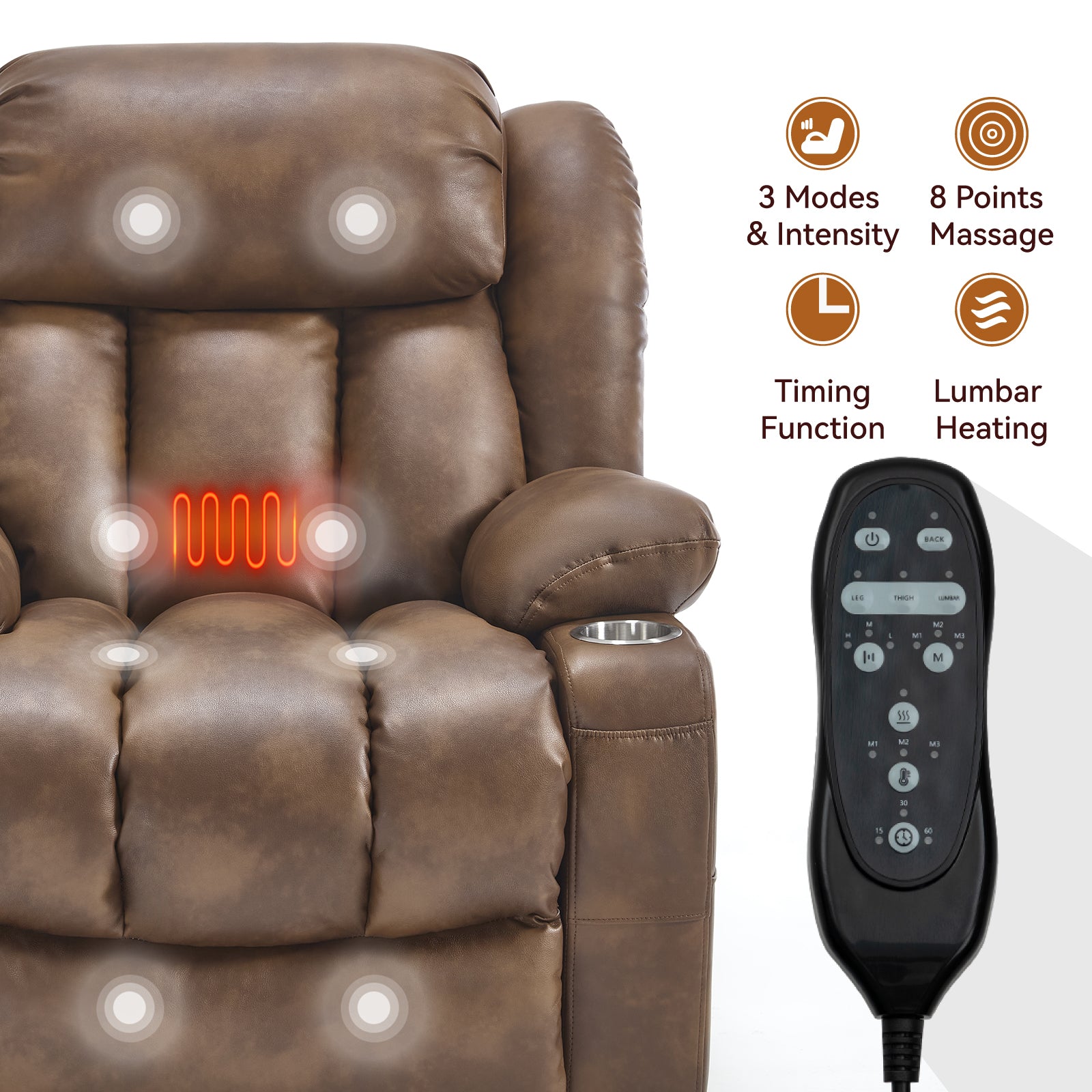 Dual Motor Infinite Position Up to 350 LBS Leatheraire Power Lift Recliner Chair, Heavy Duty Motion Mechanism with 8-Point Vibration Massage and Lumbar Heating, Stainless steel Cup Holders, Brown