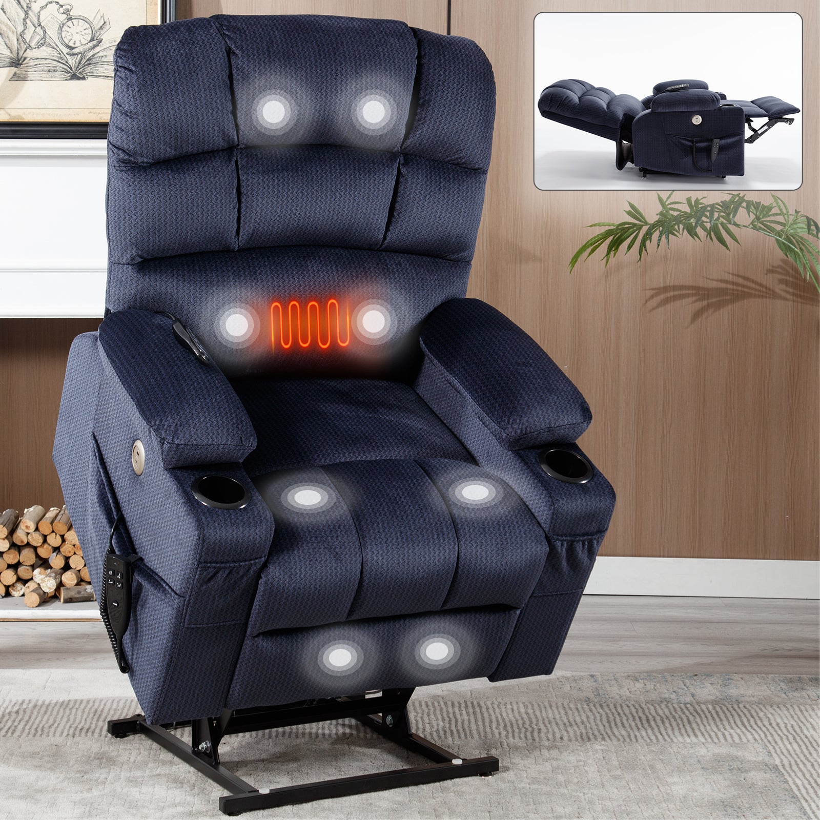 Blue Dual Motor Infinite Position Up to 350 LBS Chenille Power Lift Recliner Chair, Heavy Duty Motion Mechanism with 8-Point Vibration Massage and Lumbar Heating, Dual Cup Holders