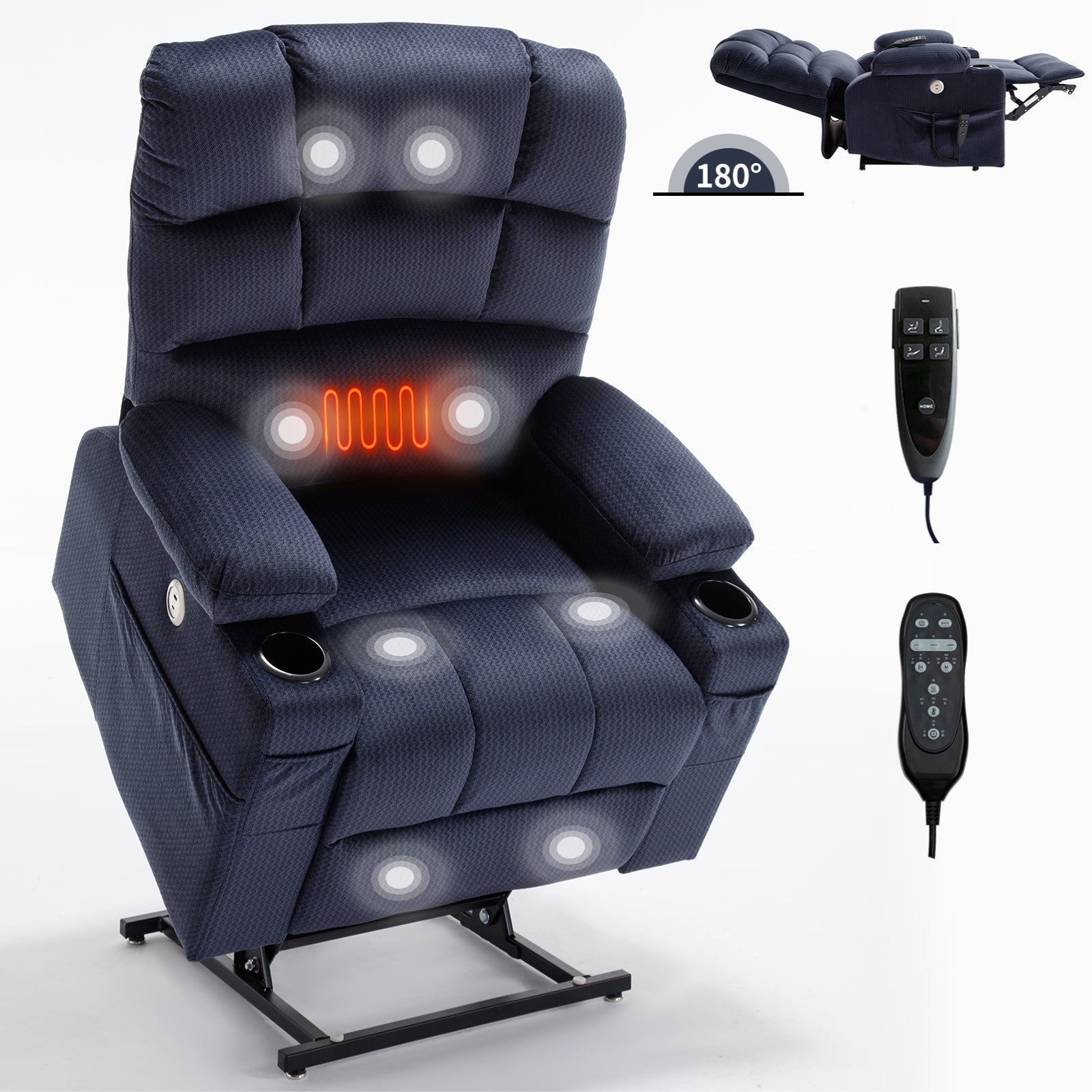 Blue Dual Motor Infinite Position Up to 350 LBS Chenille Power Lift Recliner Chair, Heavy Duty Motion Mechanism with 8-Point Vibration Massage and Lumbar Heating, Dual Cup Holders