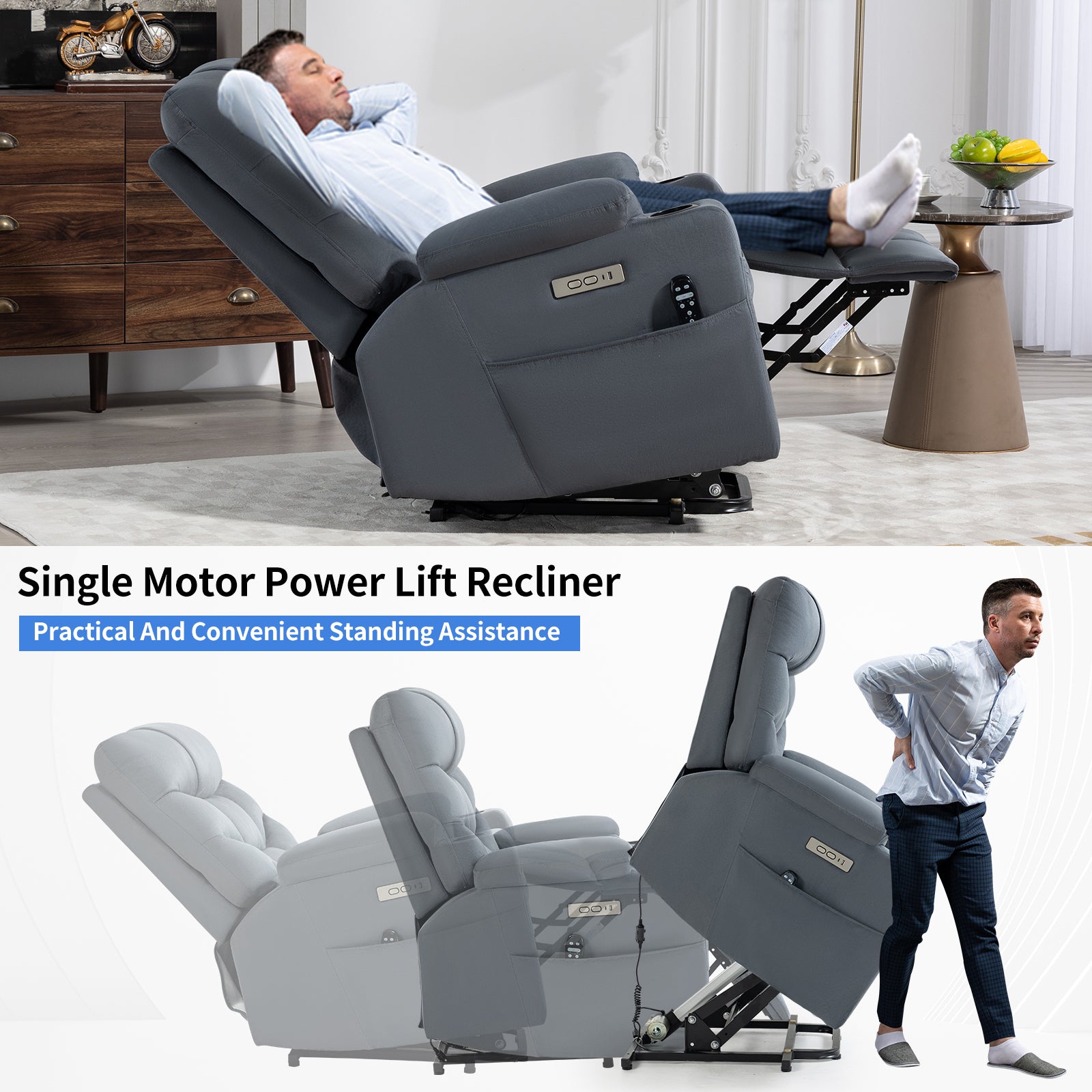 Up to 350 LBS Power Lift Recliner Chair, Heavy Duty Motion Mechanism with 8-Point Vibration Massage and Lumbar Heating, Cup Holders, USB and Type-C Ports, Removable Cushions, Blue - Value Lift Chairs 