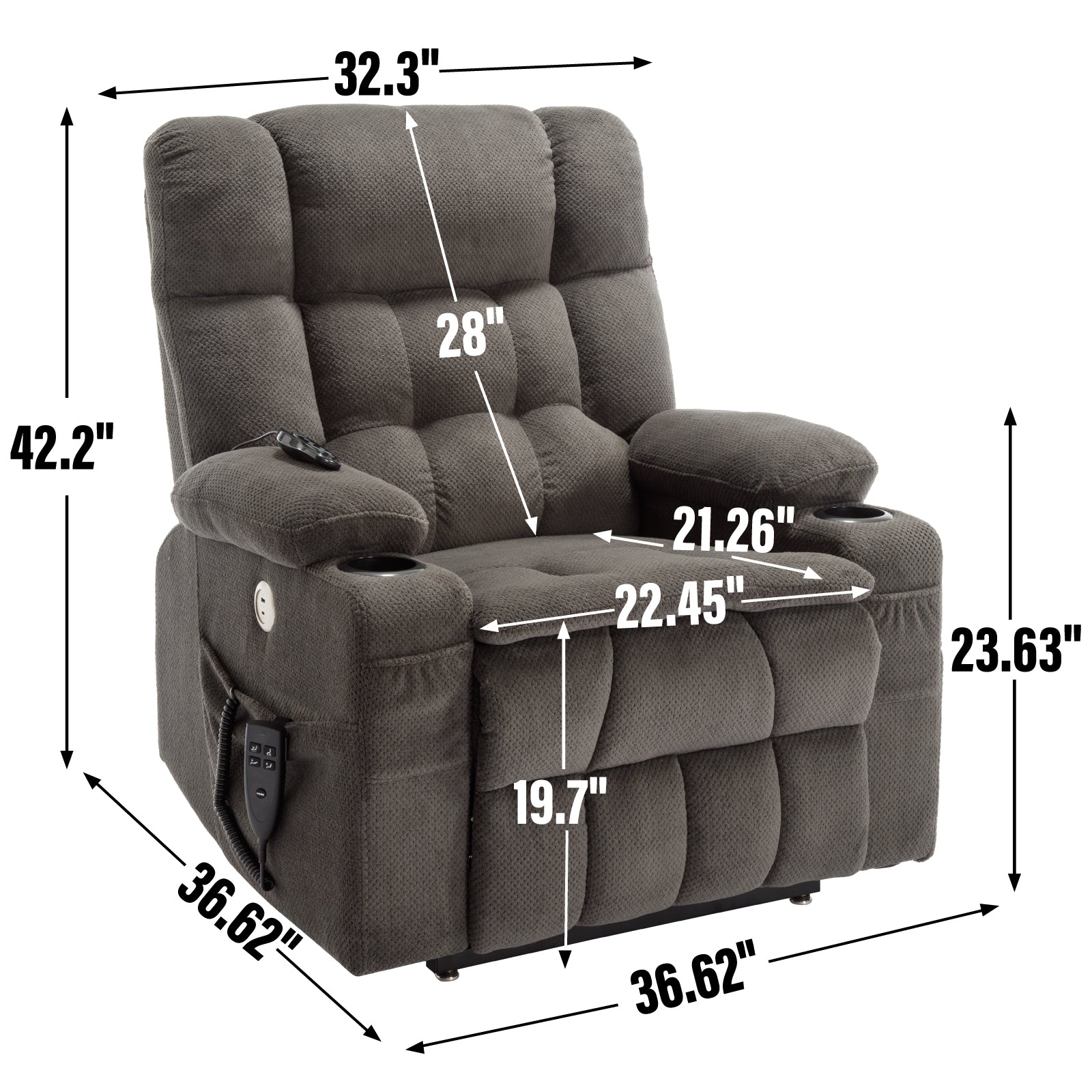 Brown Infinite Position Layflat Power Lift Chair. Chenille Fabric