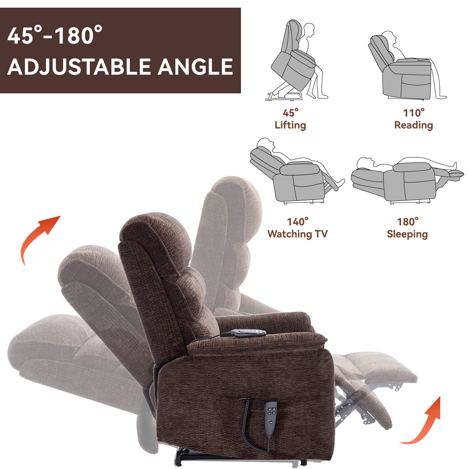 Brown Chenille Infinite Position Lift  Chair with Heat + Massage