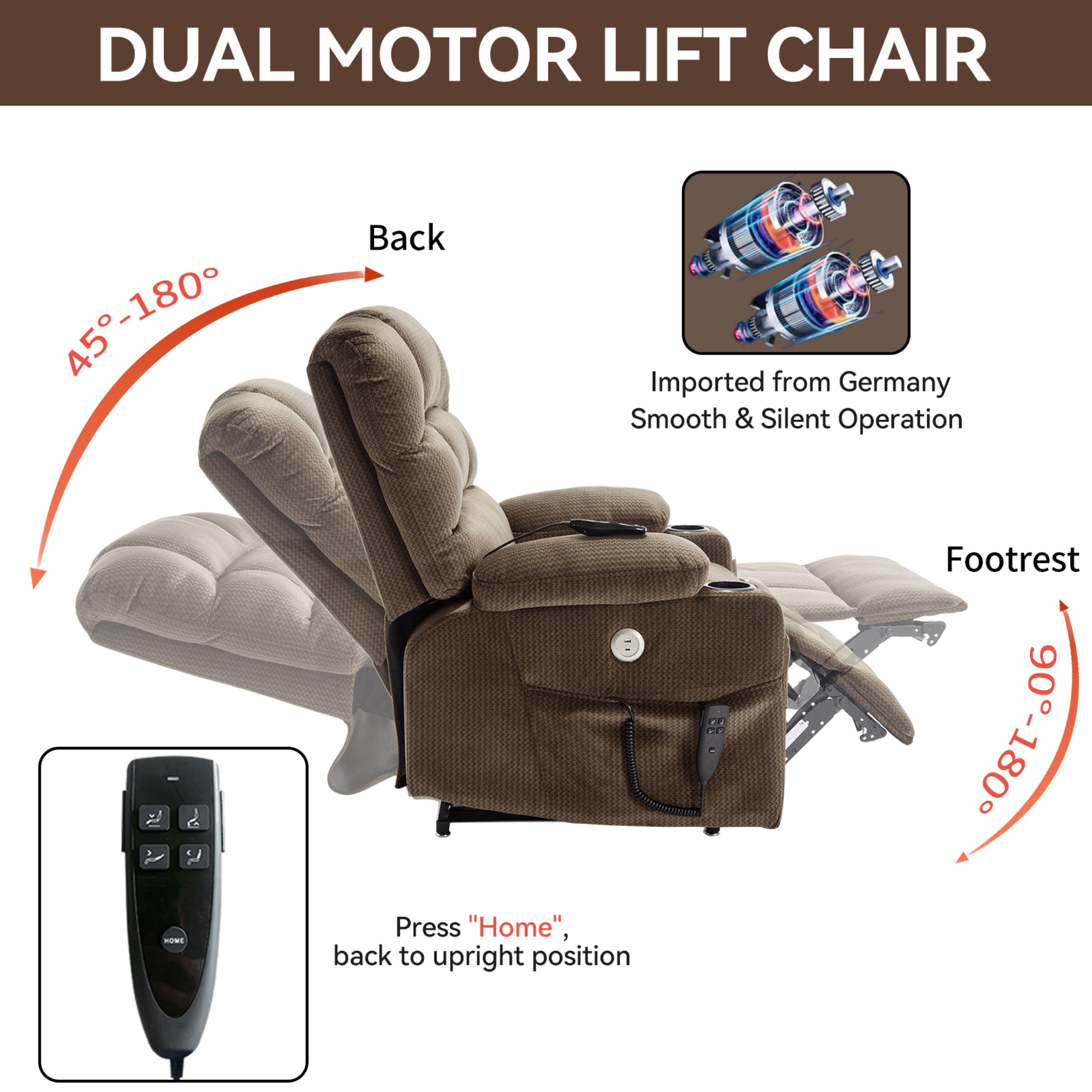 Brown Dual Motor Infinite Position Up to 350 LBS Chenille Power Lift Recliner Chair, Heavy Duty Motion Mechanism with 8-Point Vibration Massage and Lumbar Heating, Dual Cup Holders