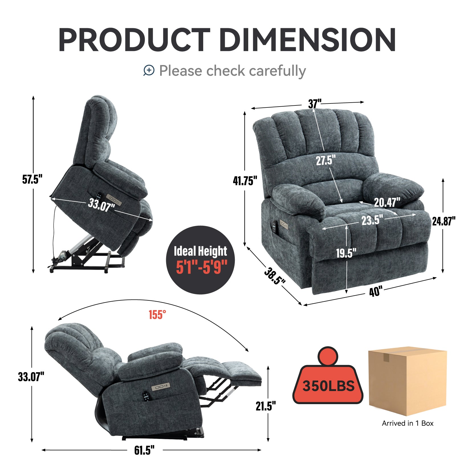 23" Seat Width and High Back Large Size Blue Chenille Power Lift Recliner Chair with 8-Point Vibration Massage and Lumbar Heating - Value Lift Chairs 